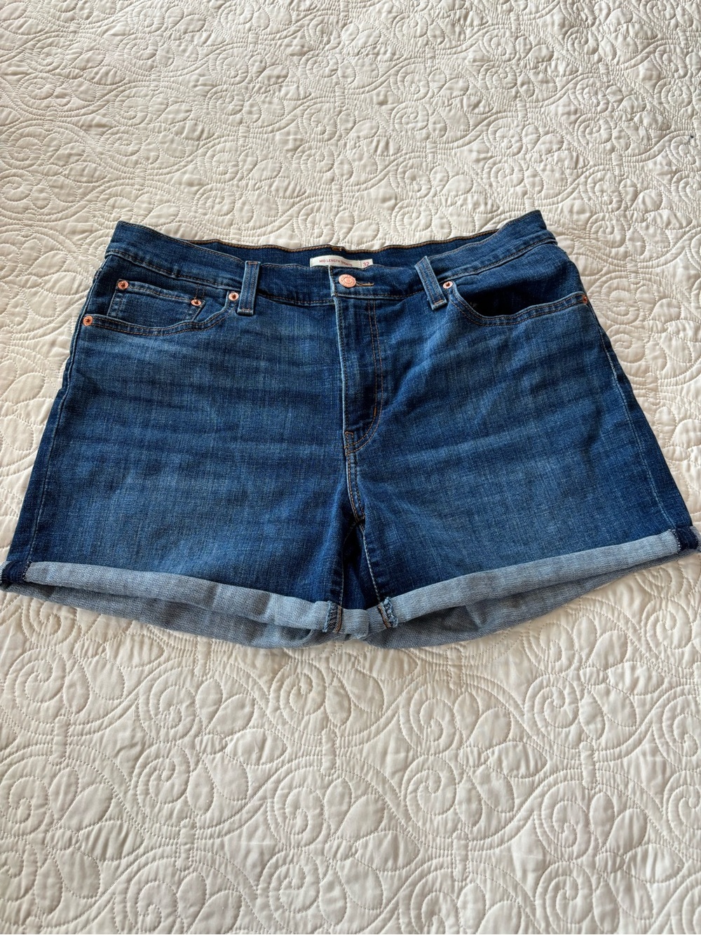 Levi's Dark Mid Length Rolled-Hem Denim Shorts